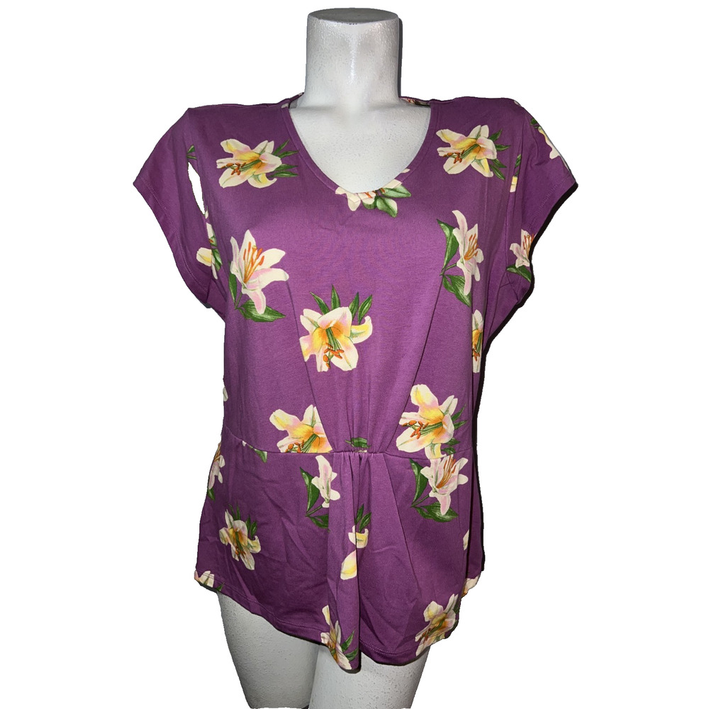 Denim & Co‎ Top Womens Sz L Purple Floral V-neck Stretch Short Sleeve Shirt